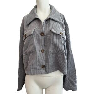 Ladies Large Corduroy Shacket Chest Pockets Button Front Cropped Shirt Gray NWT